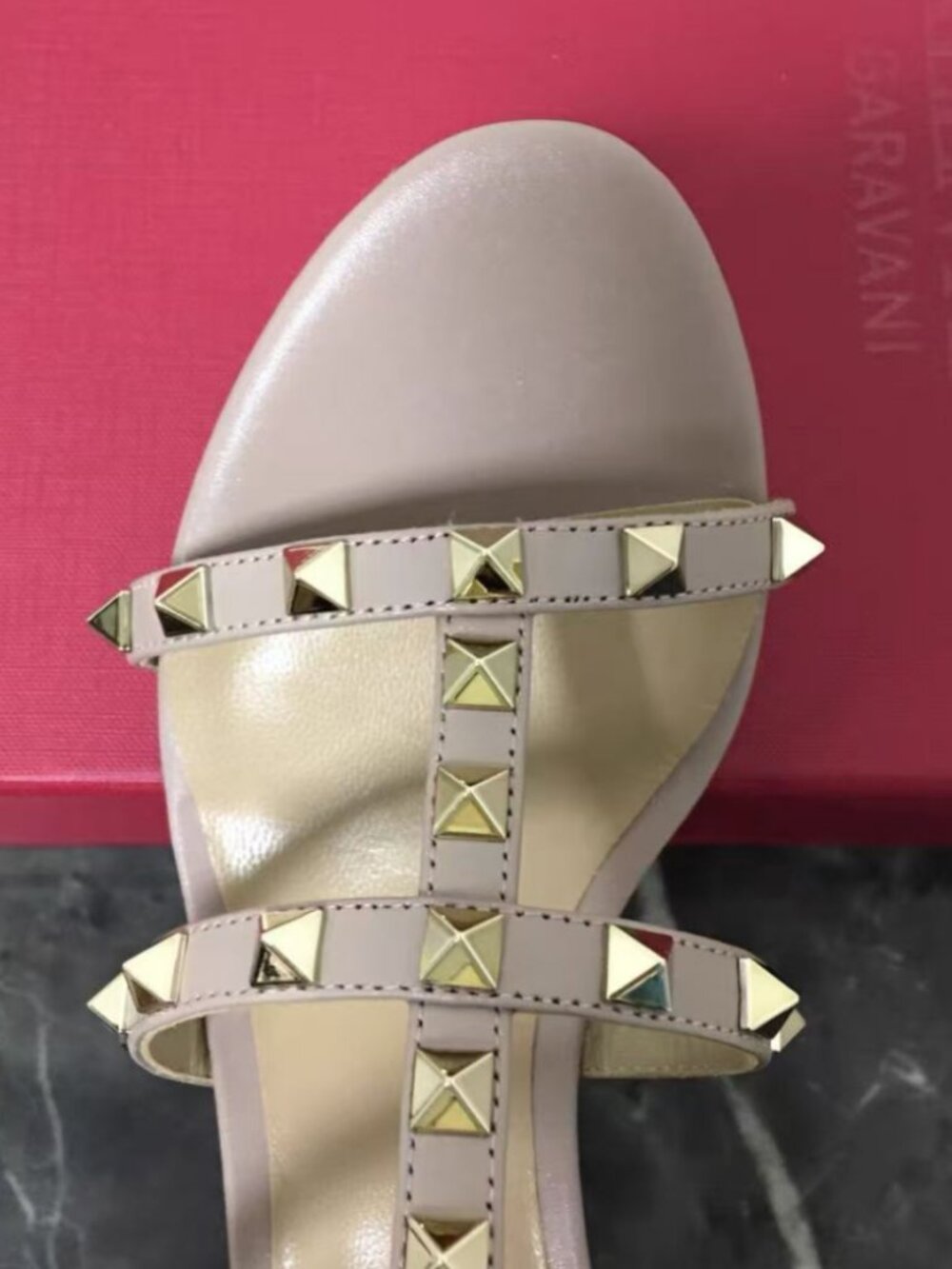 Valentino Pale Pink Lambskin Gold Rockstud Cage Slip-On Low Heel Sandals - Picture 6 of 8